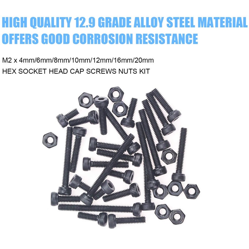 DYWISHKEY 420 Pieces M2 x 4mm/6mm/8mm/10mm/12mm/16mm/20mm, 12.9 Grade Alloy Steel Hex Socket Head Cap Bolts Screws Nuts Kit with Hex Wrench - Image 2